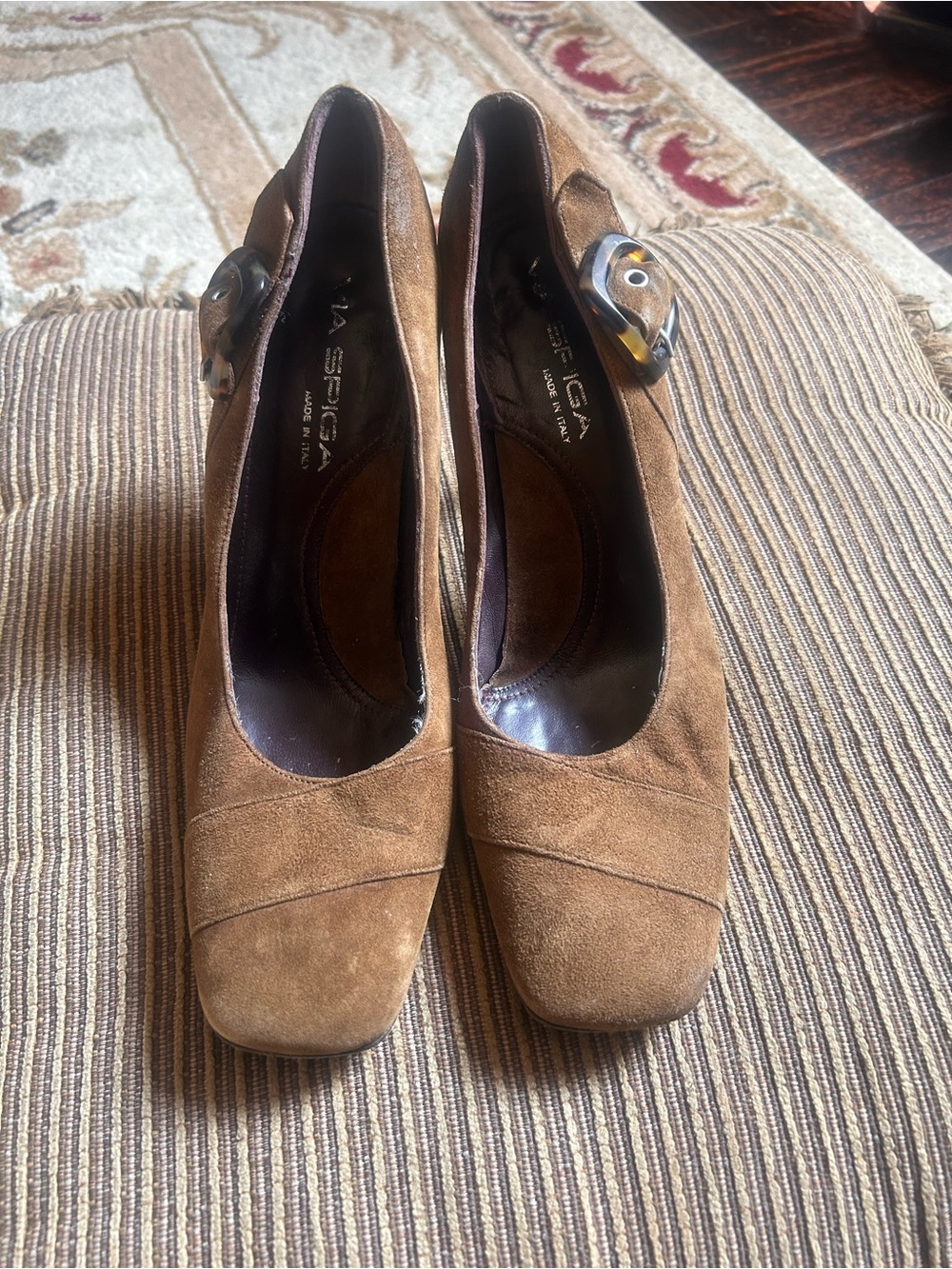 Via Spiga Brown Suede Square-Toe Pumps with Decorative Button